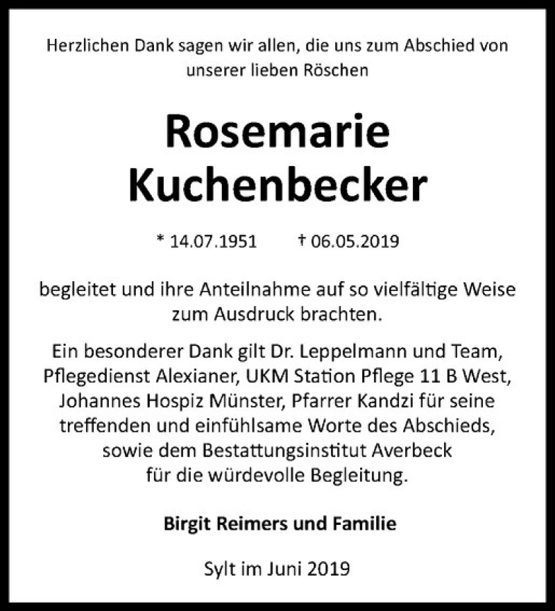  Traueranzeige für Rosemarie Kuchenbecker vom 01.06.2019 aus Westfälische Nachrichten