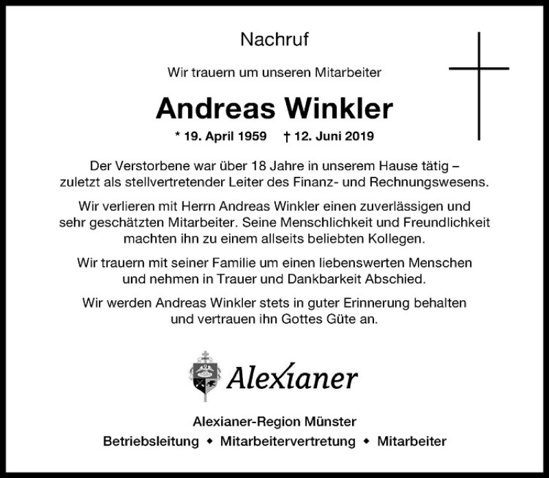  Traueranzeige für Andreas Winkler vom 15.06.2019 aus Westfälische Nachrichten