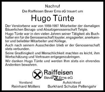 Anzeige von Hugo Tünte von Westfälische Nachrichten