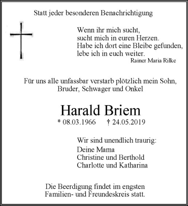  Traueranzeige für Harald Briem vom 01.06.2019 aus Westfälische Nachrichten