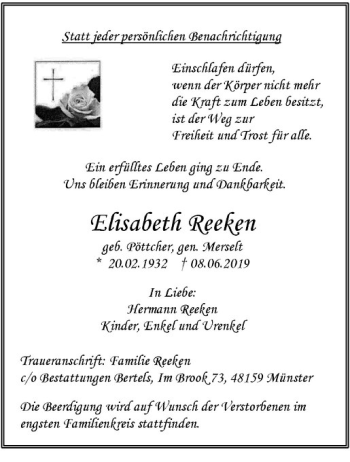 Anzeige von Elisabeth Reeken von Westfälische Nachrichten
