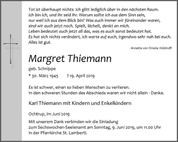 Anzeige von Margret Thiemann von Westfälische Nachrichten