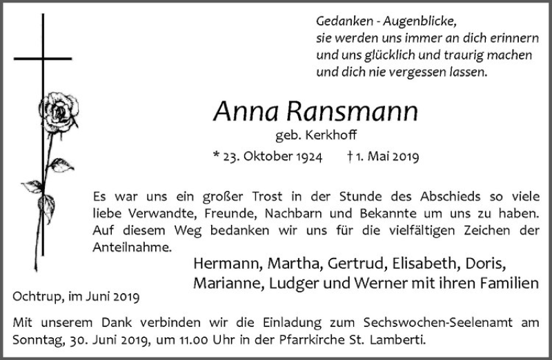  Traueranzeige für Anna Ransmann vom 25.06.2019 aus Westfälische Nachrichten