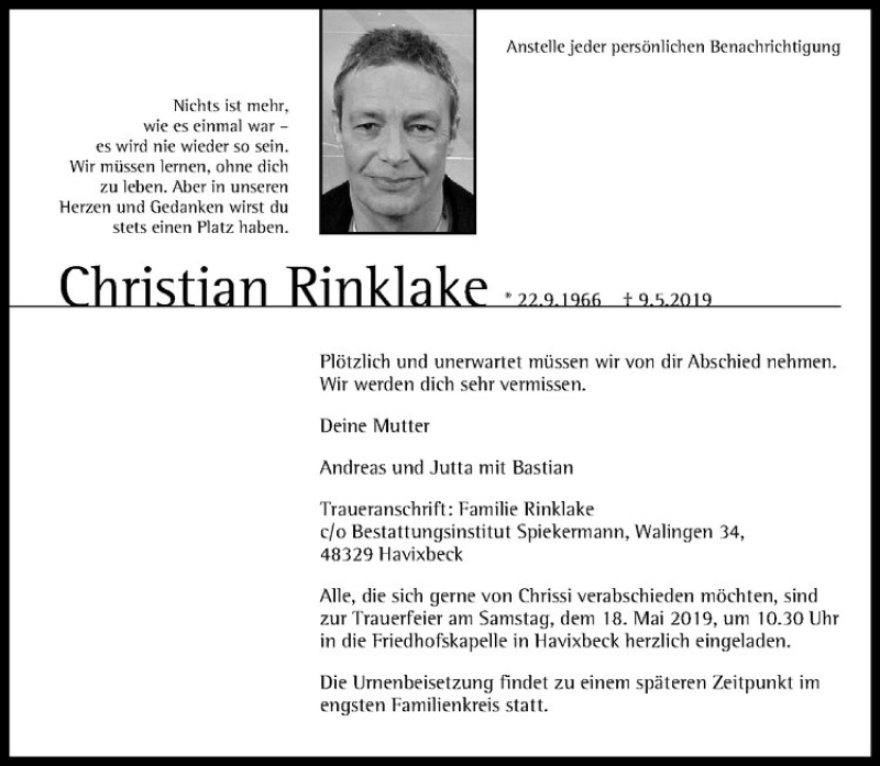  Traueranzeige für Christian Rinklake vom 15.05.2019 aus Westfälische Nachrichten