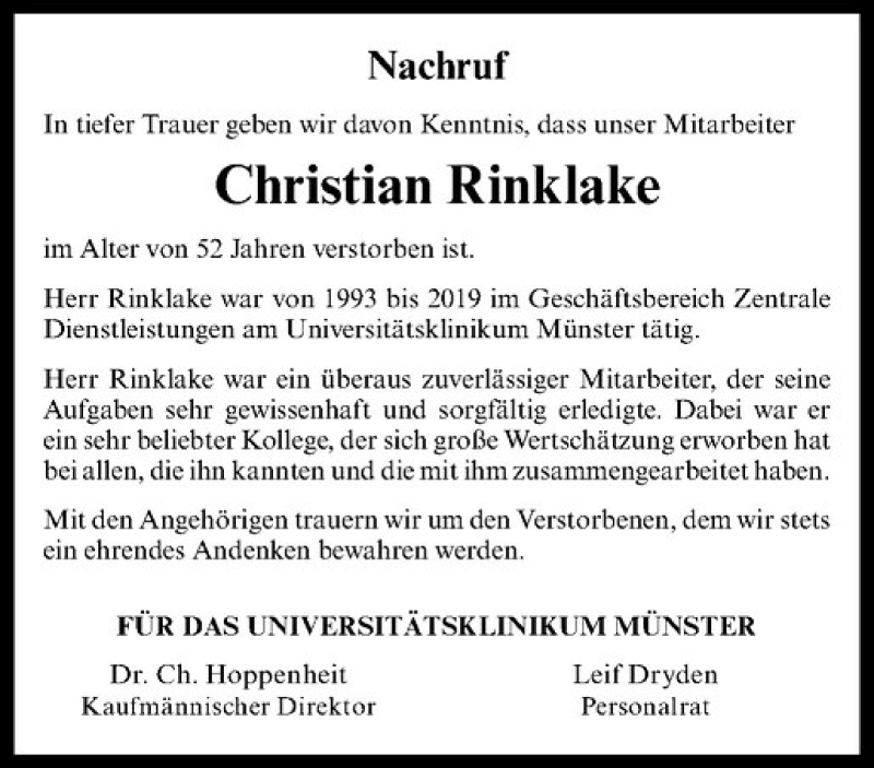  Traueranzeige für Christian Rinklake vom 01.06.2019 aus Westfälische Nachrichten