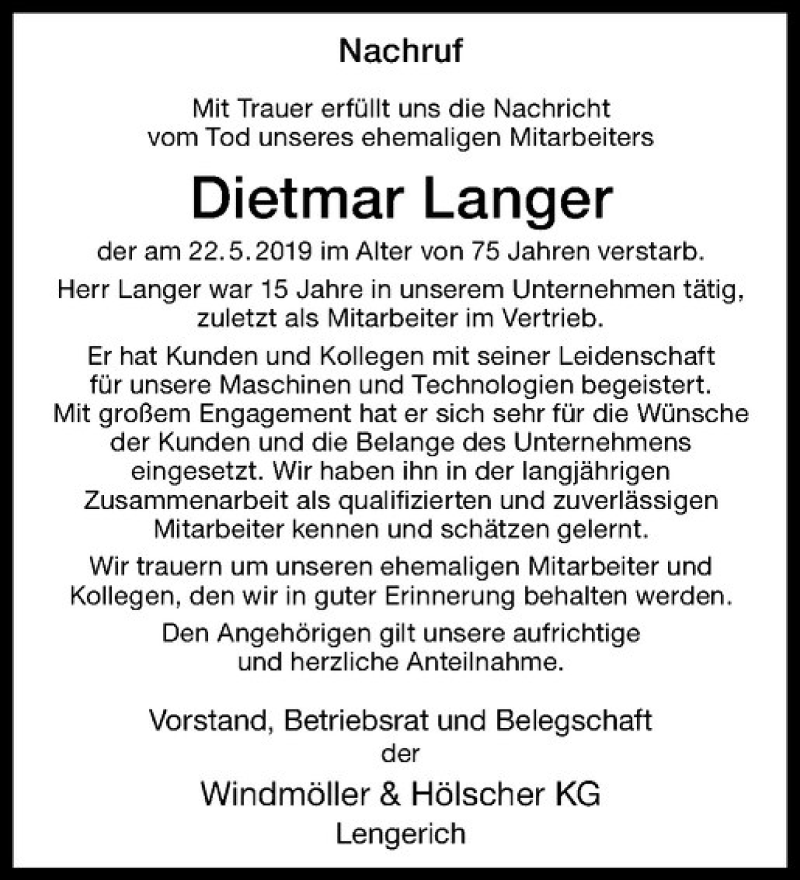  Traueranzeige für Dietmar Langer vom 05.06.2019 aus Westfälische Nachrichten
