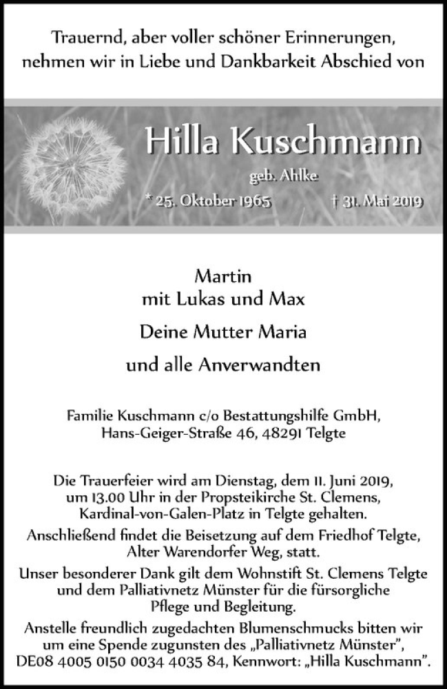  Traueranzeige für Hilla Kuschmann vom 08.06.2019 aus Westfälische Nachrichten