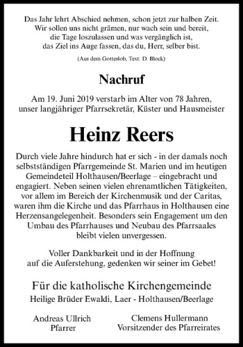 Anzeige von Heinz Reers von Westfälische Nachrichten