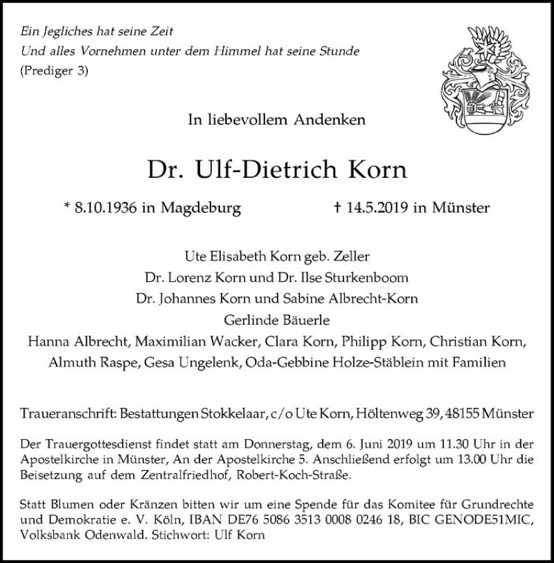  Traueranzeige für Ulf-Dietrich Korn vom 01.06.2019 aus Westfälische Nachrichten