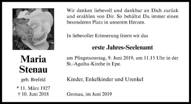  Traueranzeige für Maria Stenau vom 05.06.2019 aus Westfälische Nachrichten