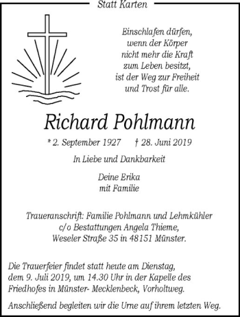 Anzeige von Richard Pohlmann von Westfälische Nachrichten