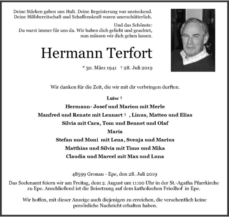  Traueranzeige für Hermann Terfort vom 30.07.2019 aus Westfälische Nachrichten