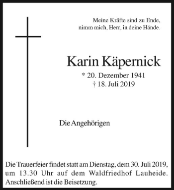 Anzeige von Karin Käpernick von Westfälische Nachrichten
