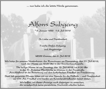 Anzeige von Alfons Subgang von Westfälische Nachrichten
