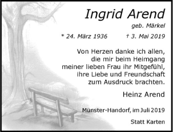 Anzeige von Ingrid Arend von Westfälische Nachrichten