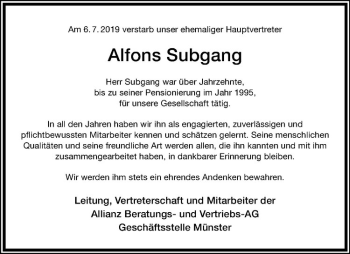 Anzeige von Alfons Subgang von Westfälische Nachrichten