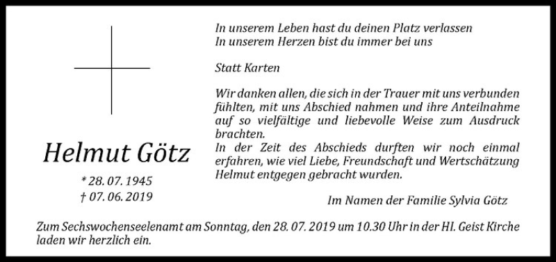  Traueranzeige für Helmut Götz vom 20.07.2019 aus Westfälische Nachrichten