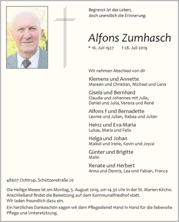 Anzeige von Alfons Zumhasch von Westfälische Nachrichten