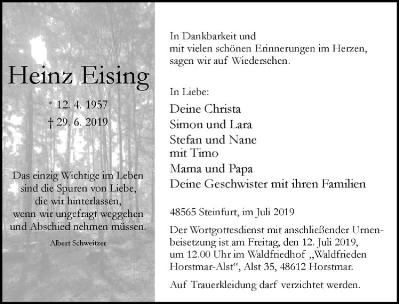  Traueranzeige für Heinz Eising vom 06.07.2019 aus Westfälische Nachrichten