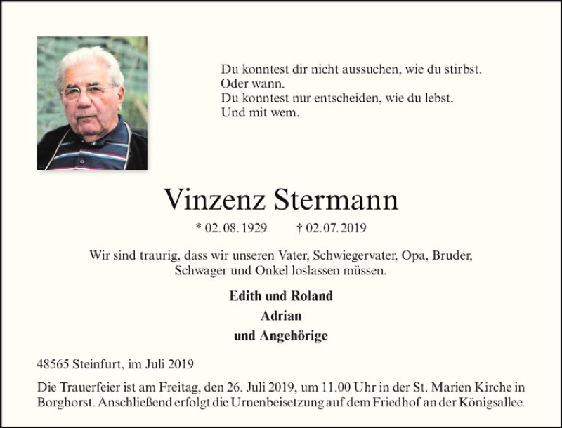  Traueranzeige für Vinzenz Stermann vom 23.07.2019 aus Westfälische Nachrichten