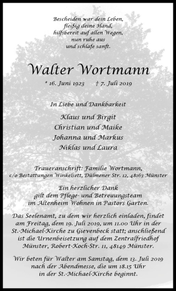 Anzeige von Walter Wortmann von Westfälische Nachrichten