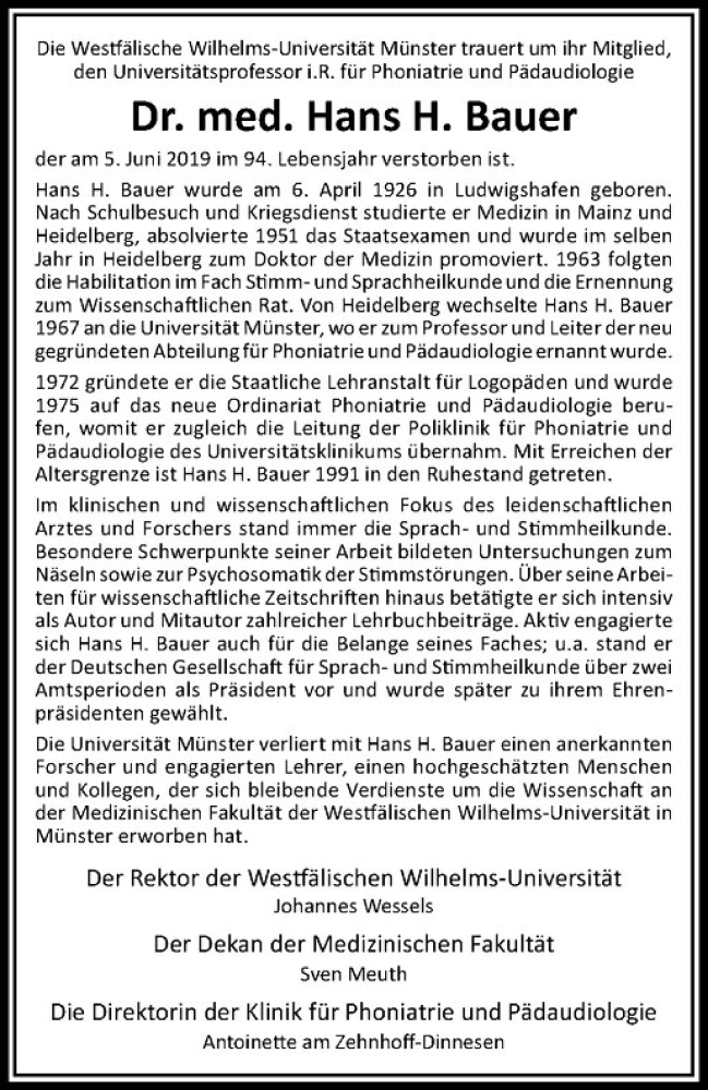  Traueranzeige für Hans Bauer vom 27.07.2019 aus Westfälische Nachrichten