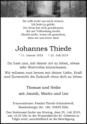 Anzeige von Johannes Thiede von Westfälische Nachrichten
