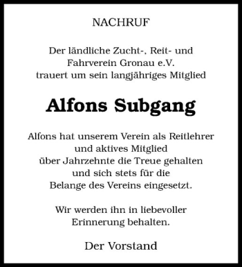 Anzeige von Alfons Subgang von Westfälische Nachrichten