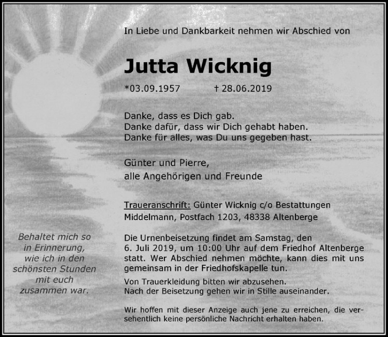  Traueranzeige für Jutta Wicknig vom 03.07.2019 aus Westfälische Nachrichten