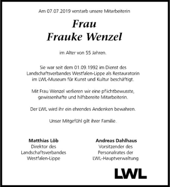 Anzeige von Frauke Wenzel von Westfälische Nachrichten