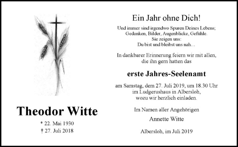  Traueranzeige für Theodor Witte vom 20.07.2019 aus Westfälische Nachrichten