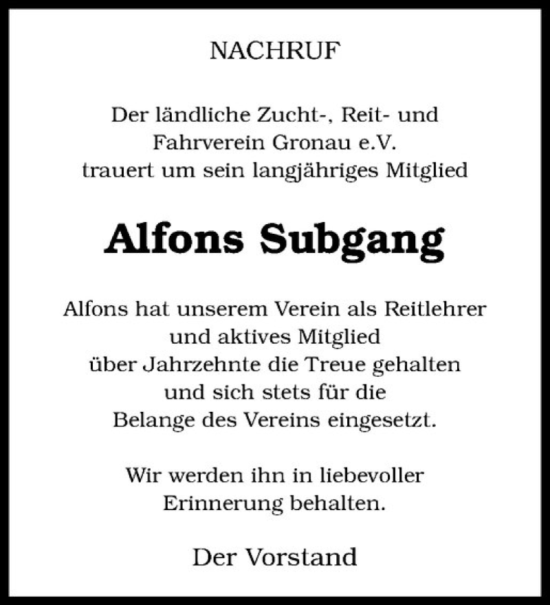  Traueranzeige für Alfons Subgang vom 13.07.2019 aus Westfälische Nachrichten