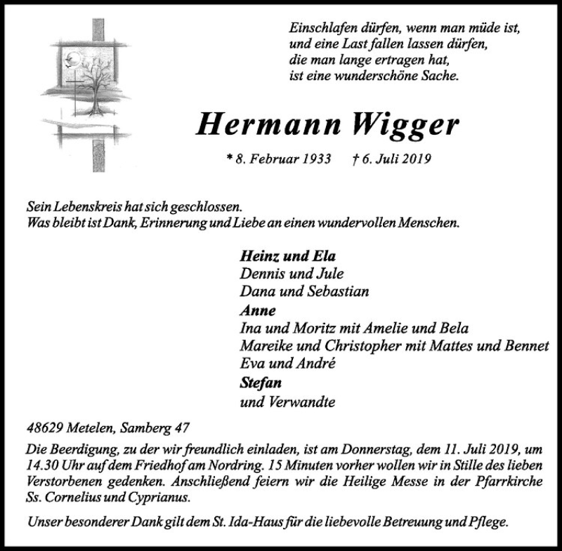  Traueranzeige für Hermann Wigger vom 09.07.2019 aus Westfälische Nachrichten