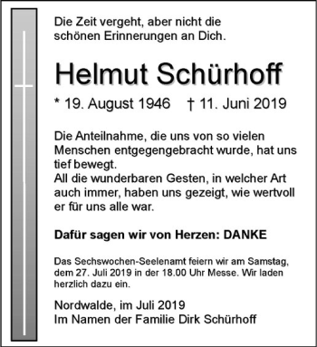 Anzeige von Helmut Schürhoff von Westfälische Nachrichten
