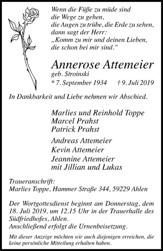  Traueranzeige für Annerose Attemeier vom 13.07.2019 aus Westfälische Nachrichten
