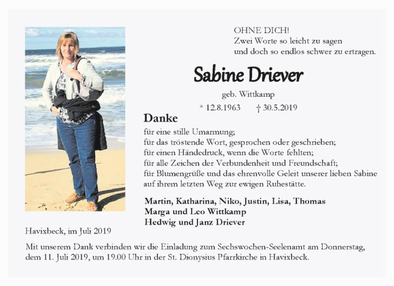  Traueranzeige für Sabine Driever vom 06.07.2019 aus Westfälische Nachrichten
