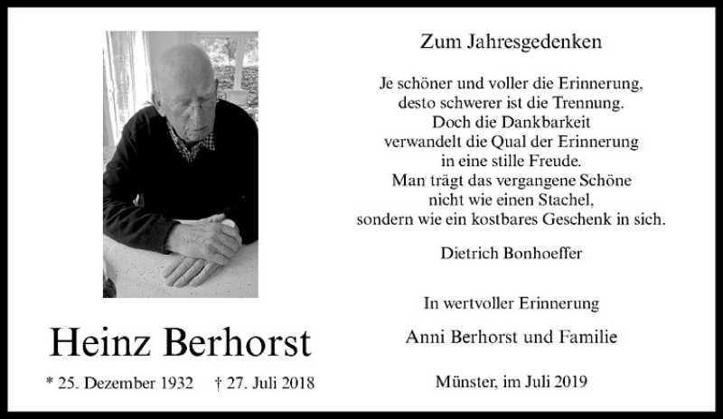  Traueranzeige für Heinz Berhorst vom 27.07.2019 aus Westfälische Nachrichten