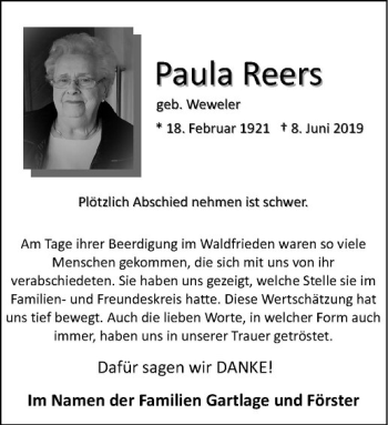 Anzeige von Paula Reers von Westfälische Nachrichten