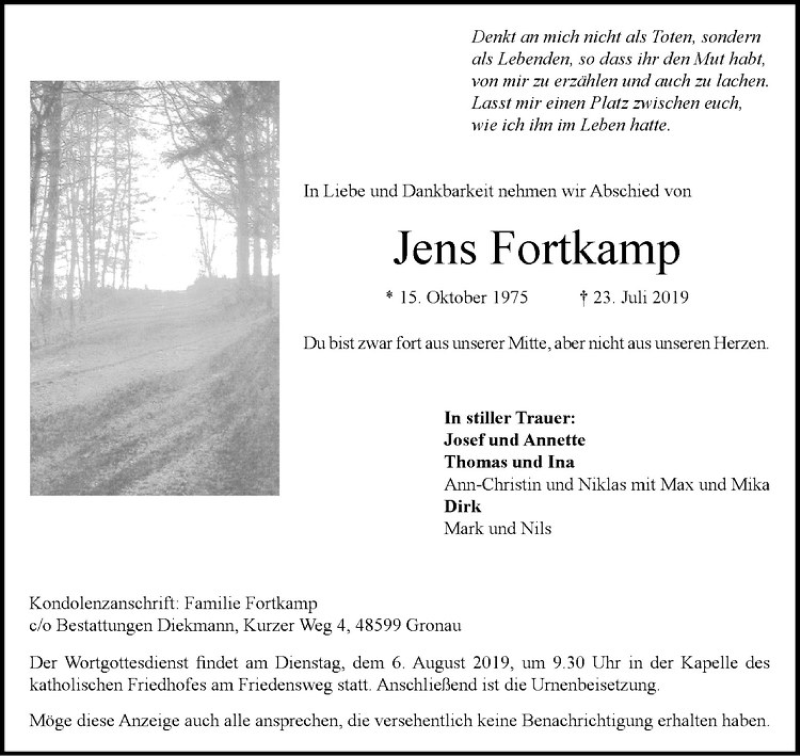  Traueranzeige für Jens Fortkamp vom 31.07.2019 aus Westfälische Nachrichten