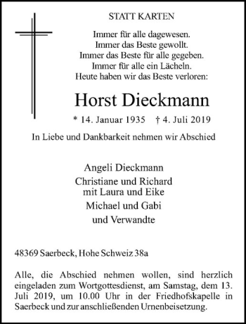 Anzeige von Horst Dieckmann von Westfälische Nachrichten