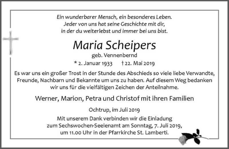  Traueranzeige für Maria Scheipers vom 03.07.2019 aus Westfälische Nachrichten