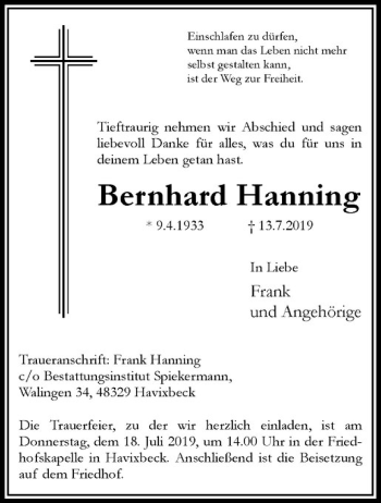 Anzeige von Bernhard Hanning von Westfälische Nachrichten