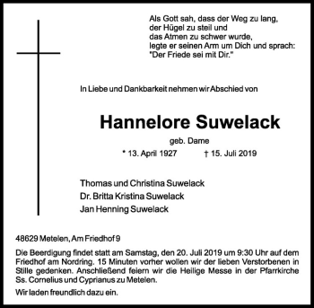 Anzeige von Hannelore Suwelack von Westfälische Nachrichten
