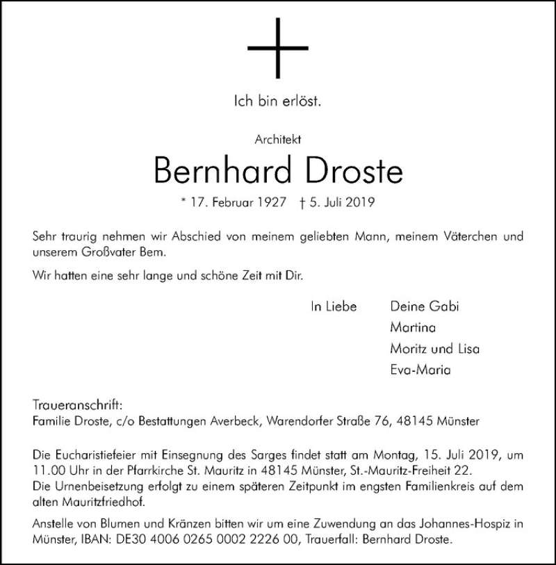  Traueranzeige für Bernhard Droste vom 10.07.2019 aus Westfälische Nachrichten