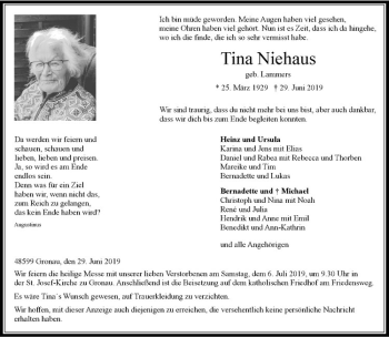 Anzeige von Tina Niehaus von Westfälische Nachrichten