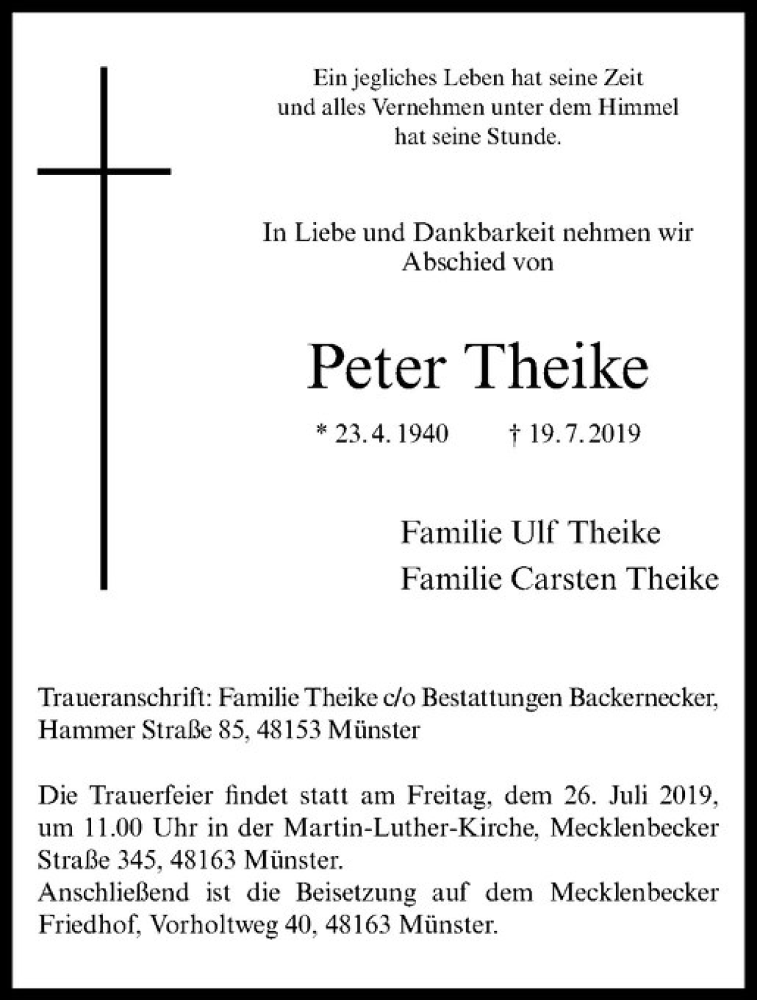  Traueranzeige für Peter Theike vom 24.07.2019 aus Westfälische Nachrichten