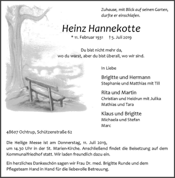 Anzeige von Heinz Hannekotte von Westfälische Nachrichten
