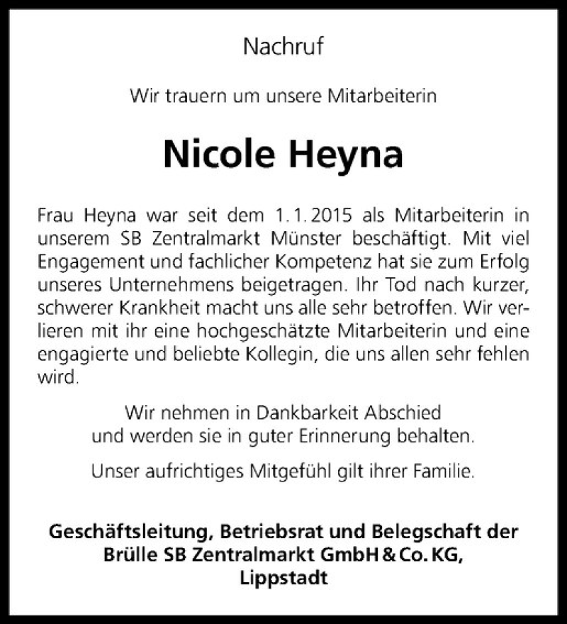  Traueranzeige für Nicole Heyna vom 17.07.2019 aus Westfälische Nachrichten