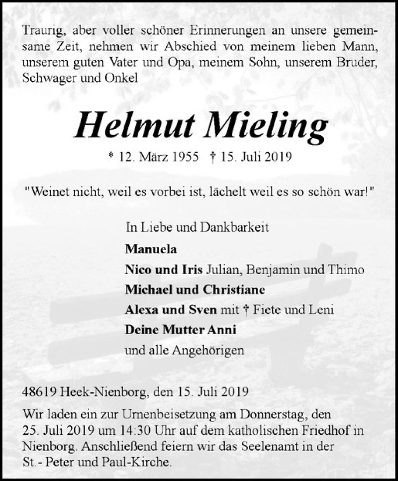  Traueranzeige für Helmut Mieling vom 22.07.2019 aus Westfälische Nachrichten