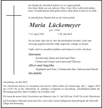Anzeige von Maria Lückemeyer von Westfälische Nachrichten